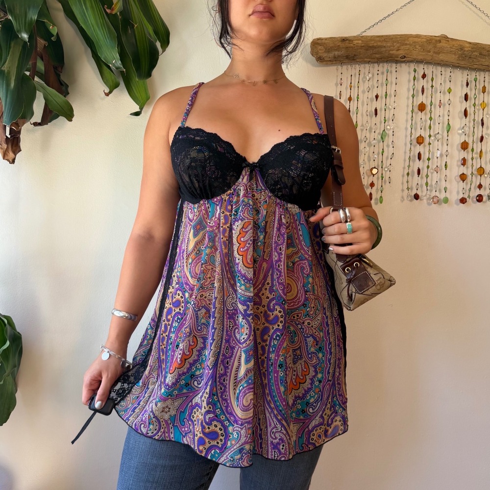 Ambrielle Paisley Purple Lace Babydoll Top Boho Whimsigoth Y2K Fairy Grunge XL